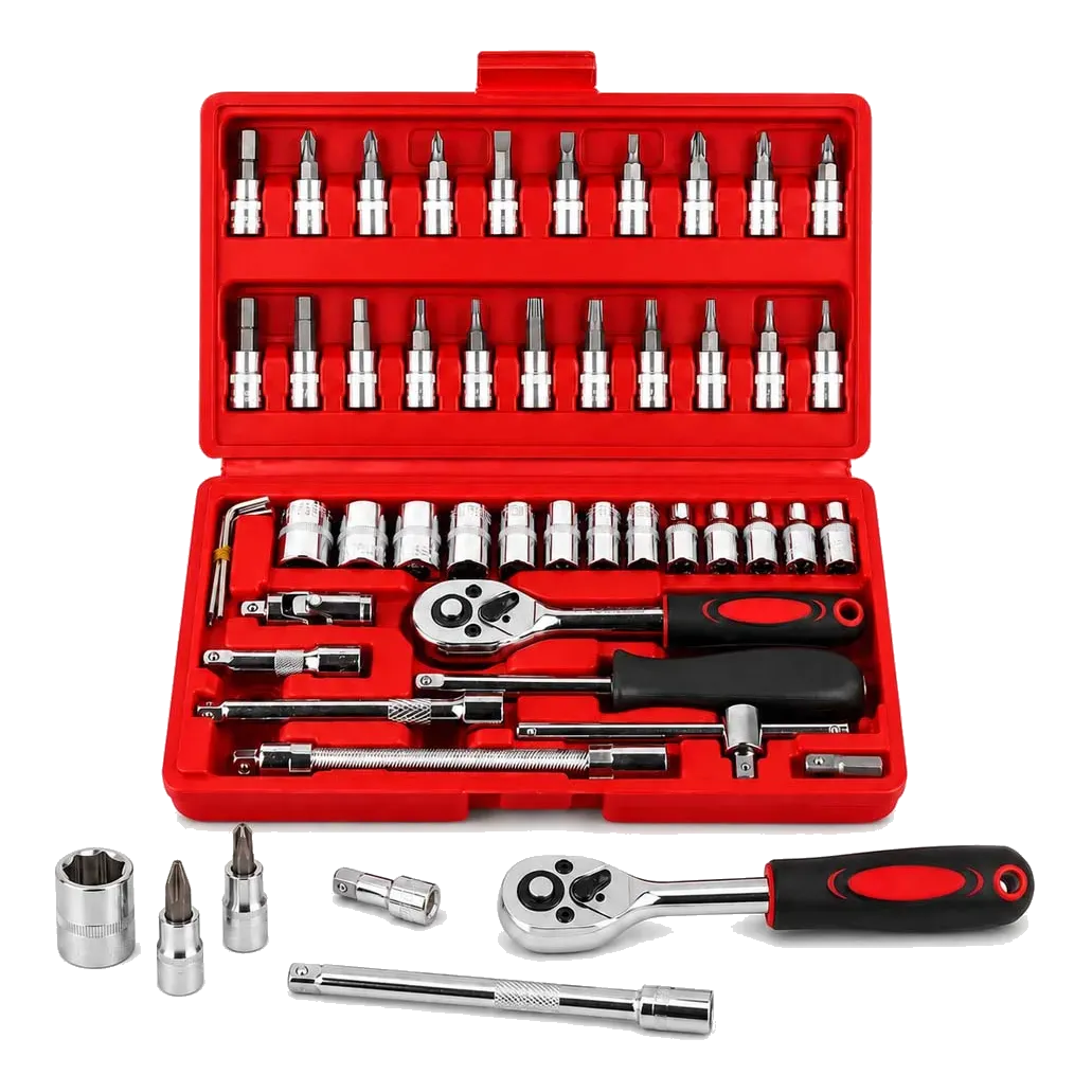 Kit ForçaPro 46 em 1 aberto, com catraca, soquetes e bits organizados na maleta